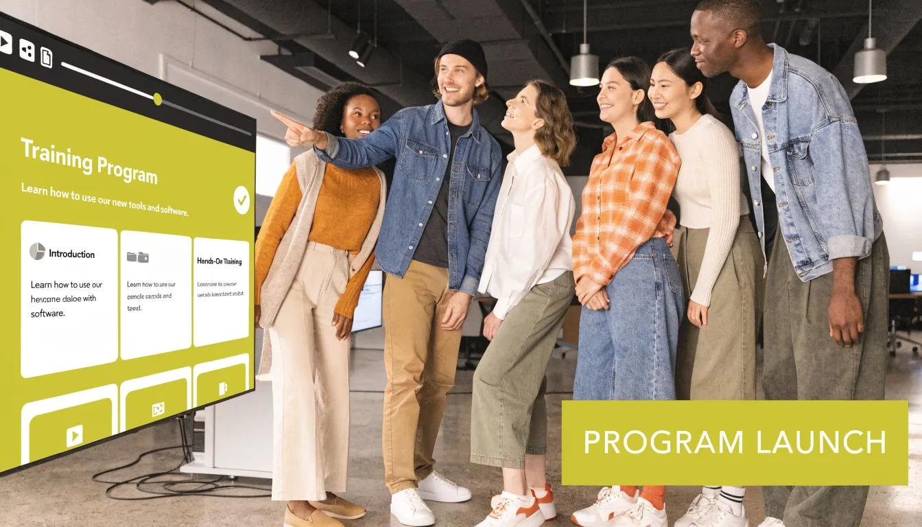 A diverse group of employees looking at a presentation screen during an interactive office training session.