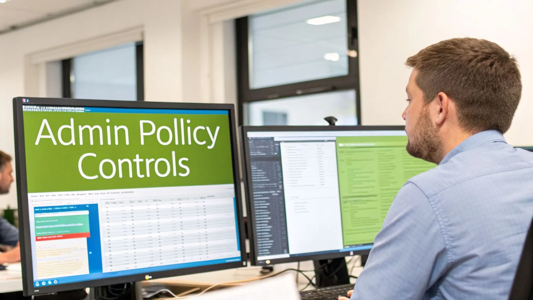 Man in a light blue shirt looking at two monitors displaying admin policy controls and code.