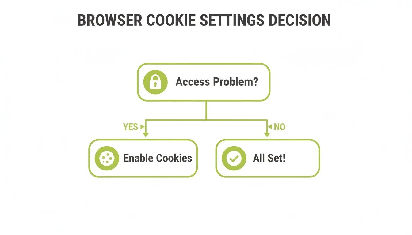 Decision flowchart for browser cookie settings: enable if access problems occur, otherwise all set.