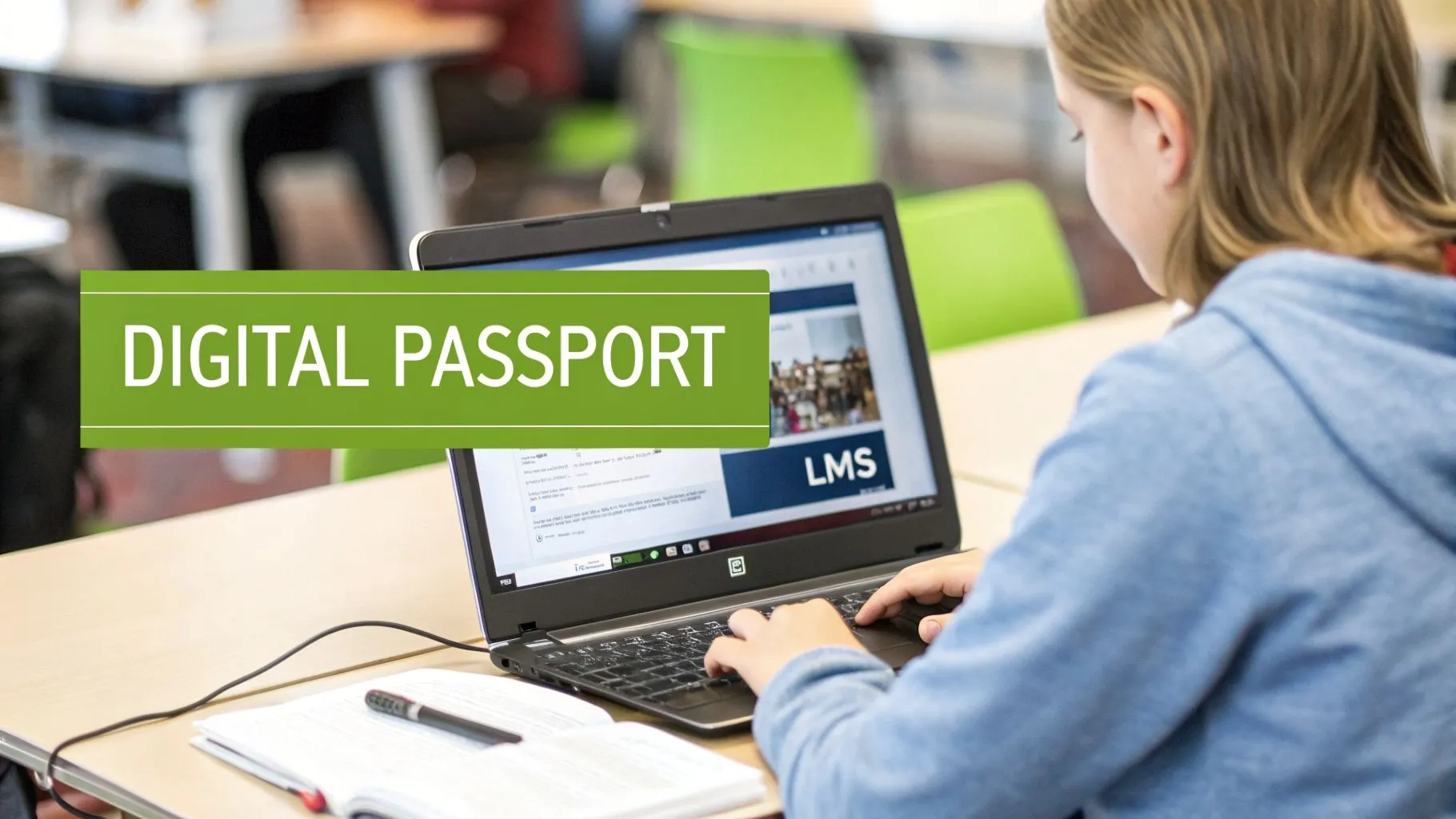 A student from behind types on a laptop, displaying 'LMS', with a 'DIGITAL PASSPORT' banner.