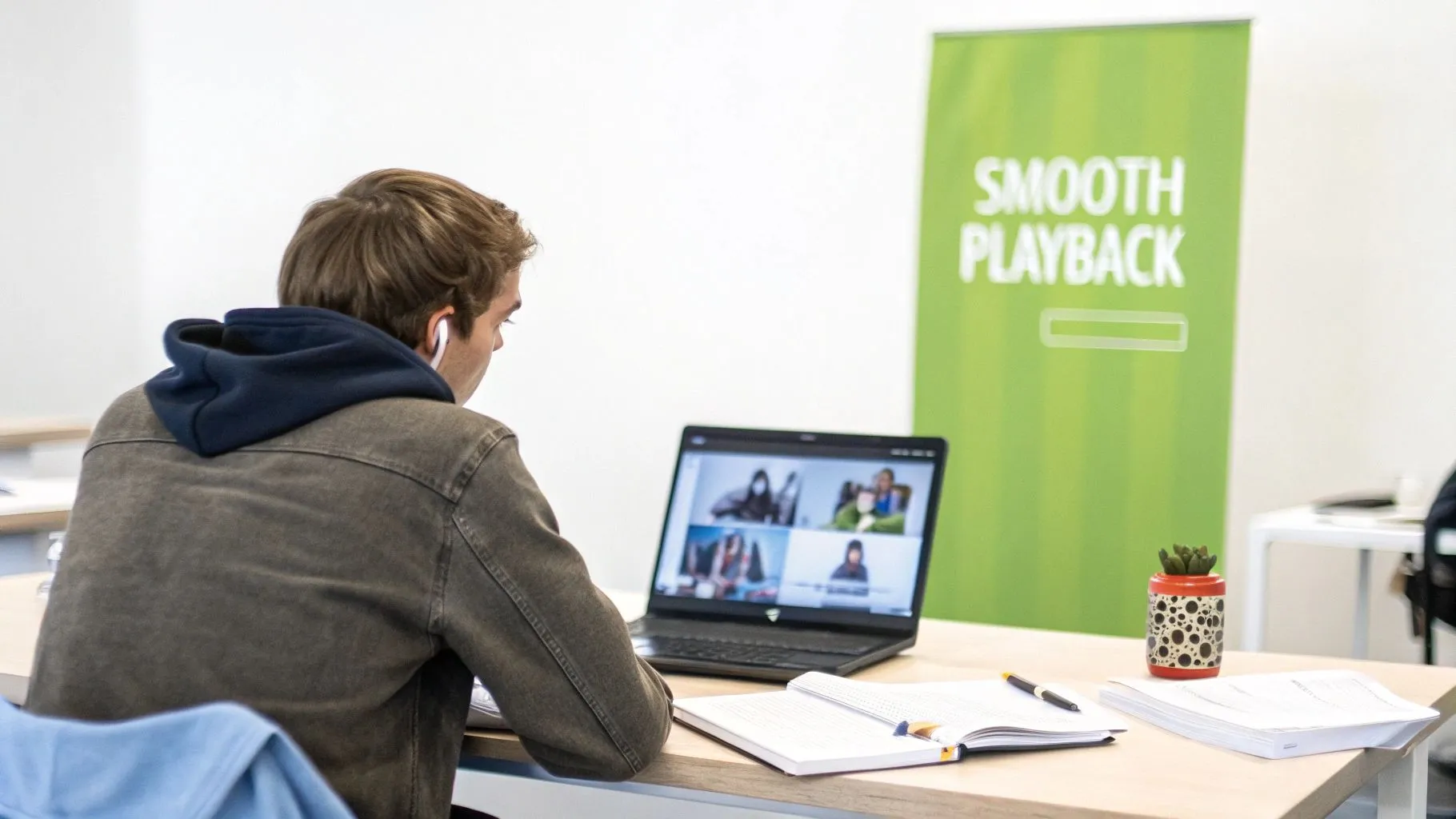 A student wearing earbuds attends an online video conference on a laptop, taking notes.