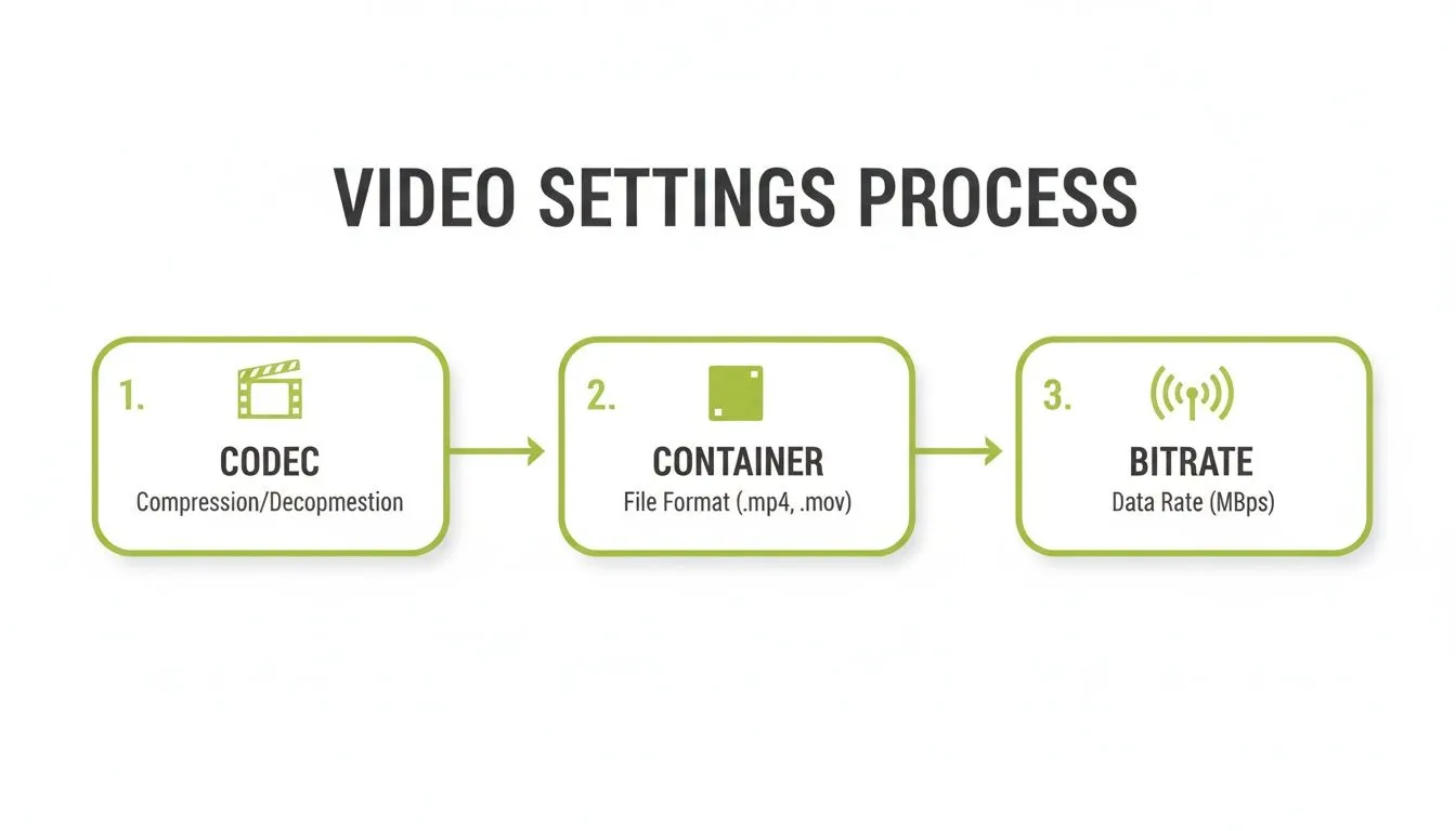 A diagram outlining the video settings process: CODEC, CONTAINER (file format), and BITRATE (data rate).