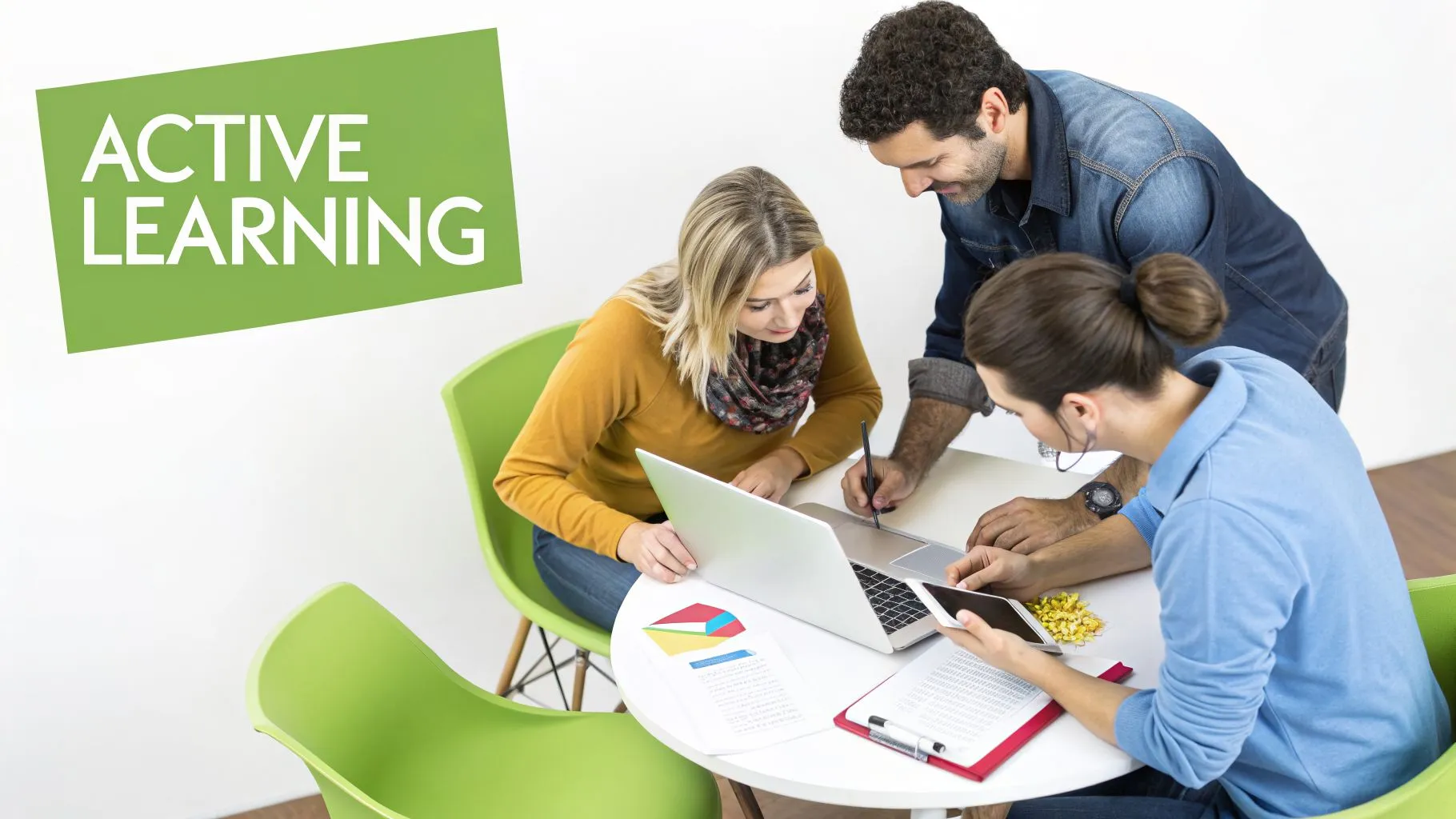Three diverse individuals actively learning and collaborating around a laptop and documents at a white table.