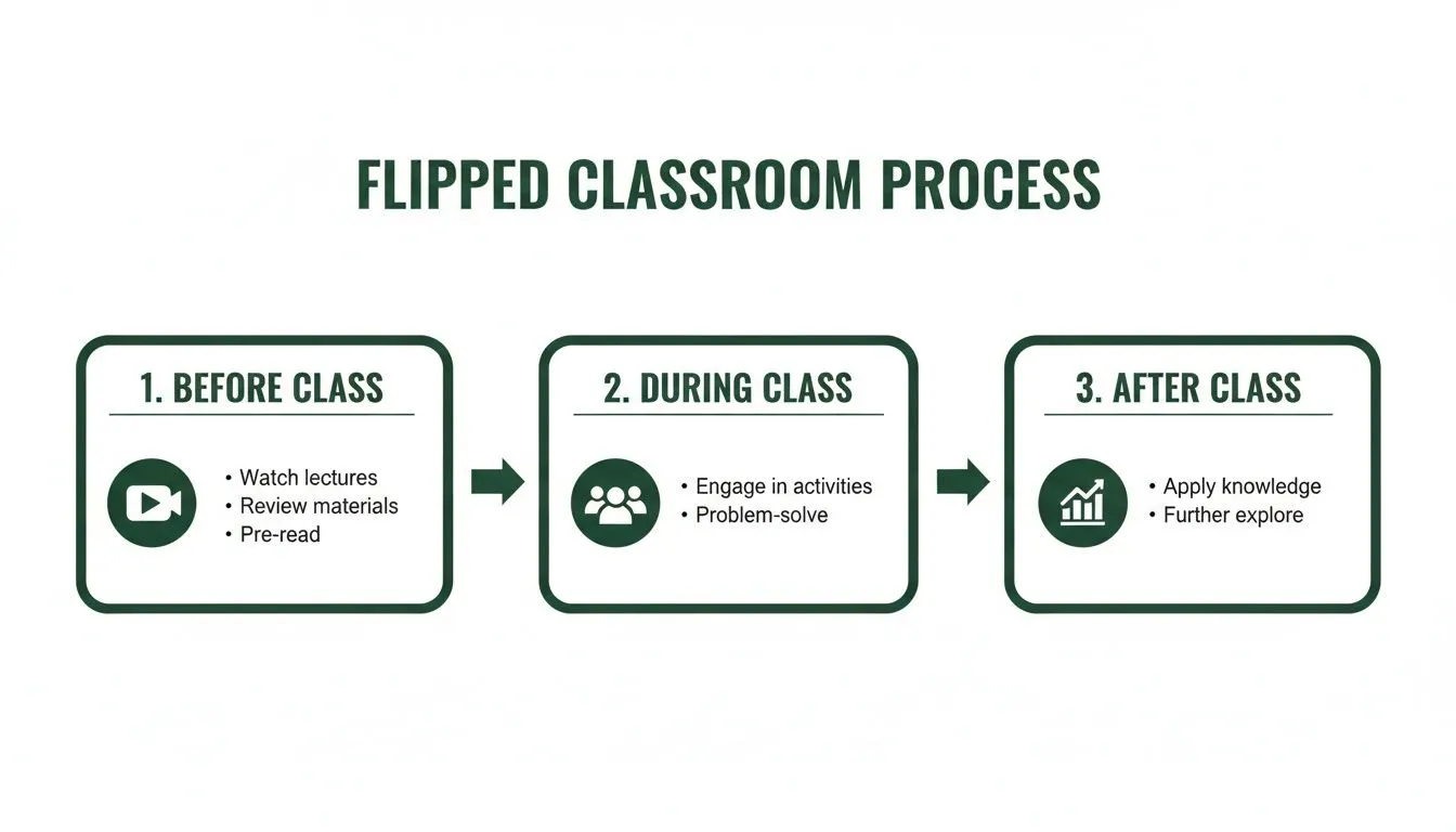 Diagram illustrating the three-step flipped classroom process: Before, During, and After Class activities.