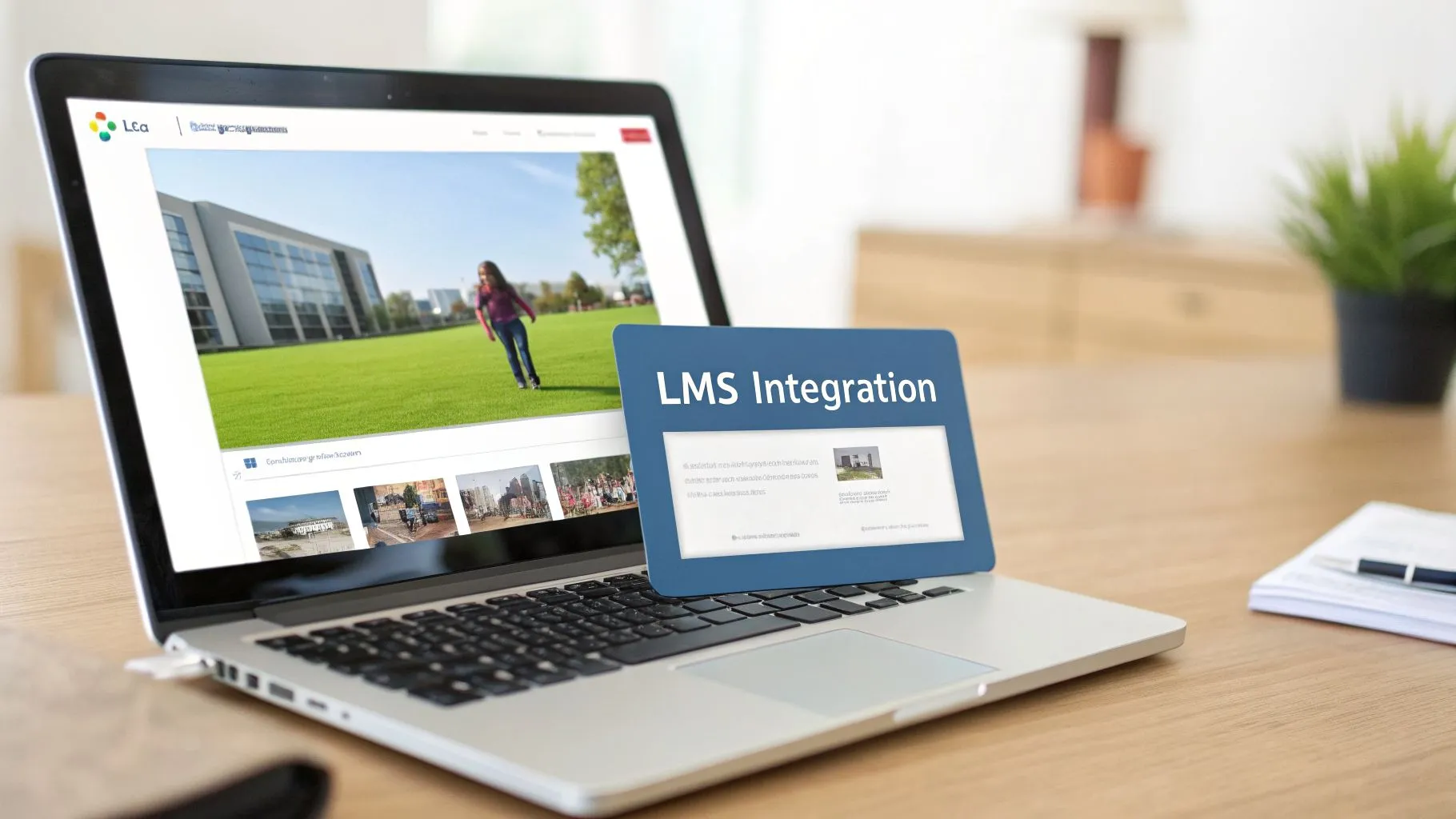 Laptop on a wooden desk displaying a webpage and an 'LMS Integration' card on the keyboard.