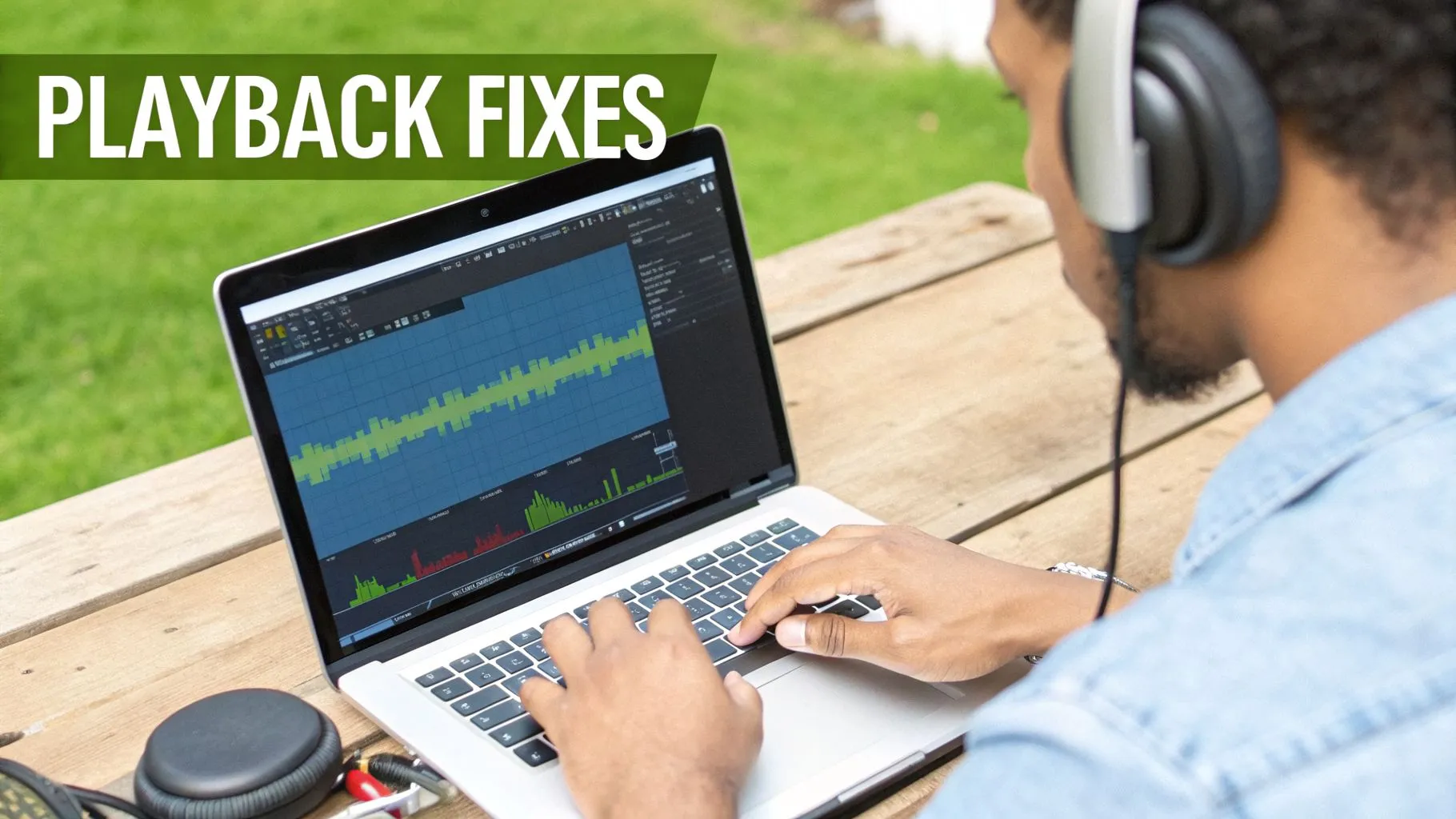 A man wearing headphones works on a laptop displaying audio waveforms and "PLAYBACK FIXES" text.