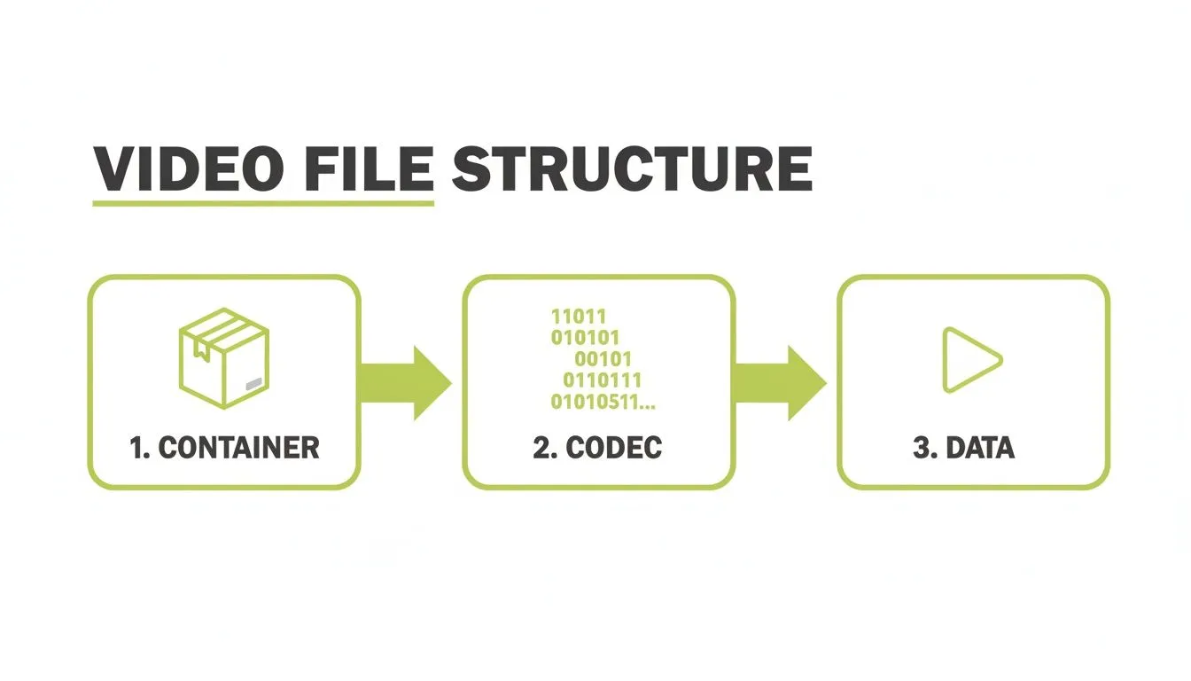 Infographic illustrating the sequential structure of a video file: container, codec, and data.