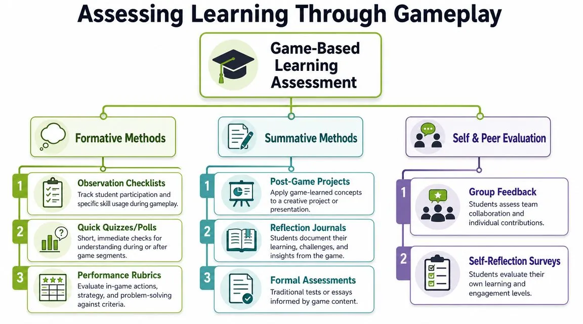 An infographic titled Assessing Learning Through Gameplay detailing various assessment methods in game-based learning environments.