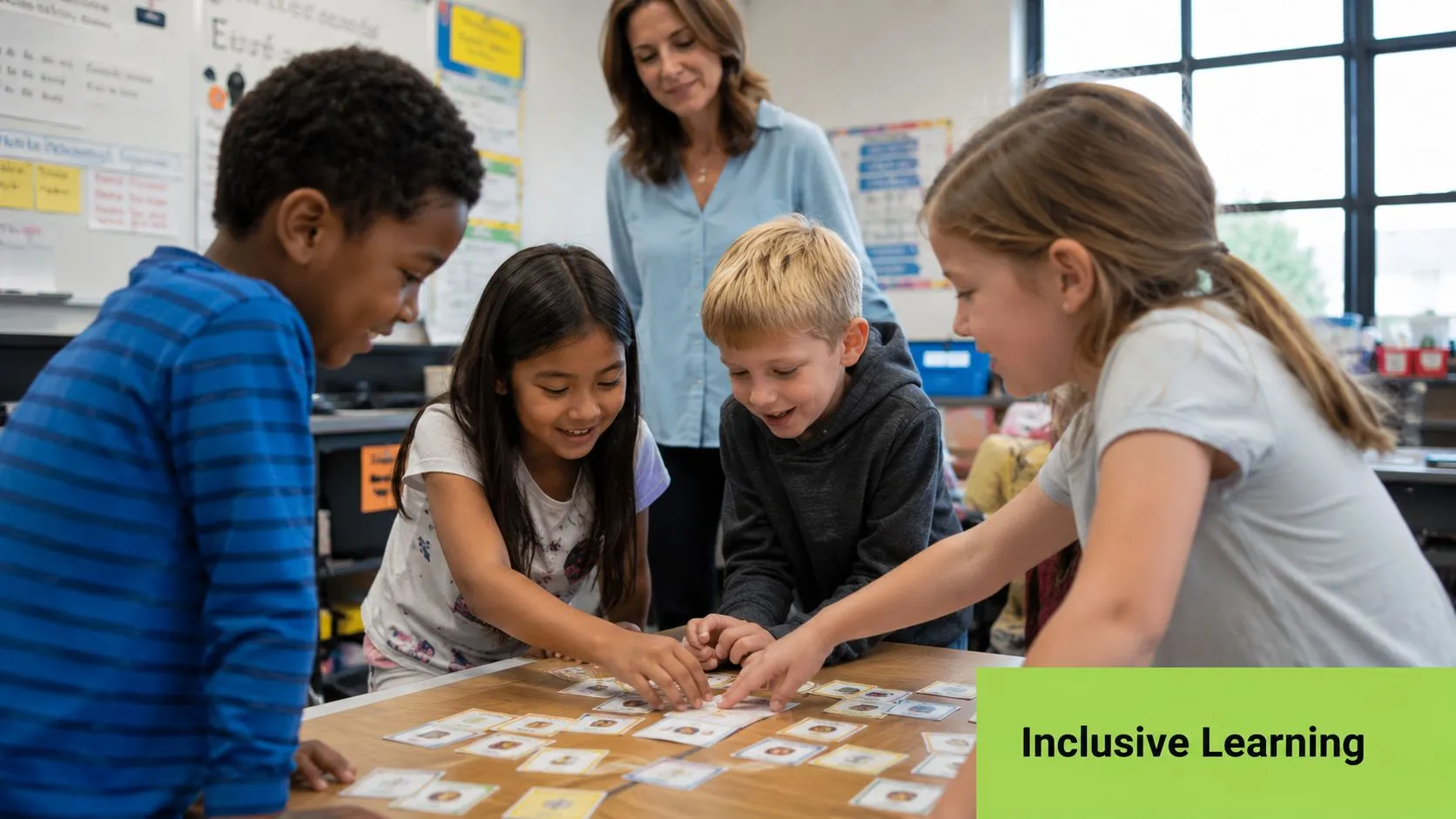 A teacher and diverse students engaging in an educational card game activity in a classroom setting.