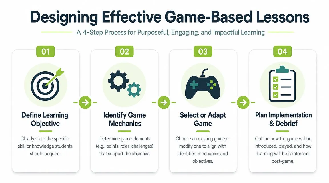 A four-step infographic showing the process for designing effective game-based lessons in the classroom.