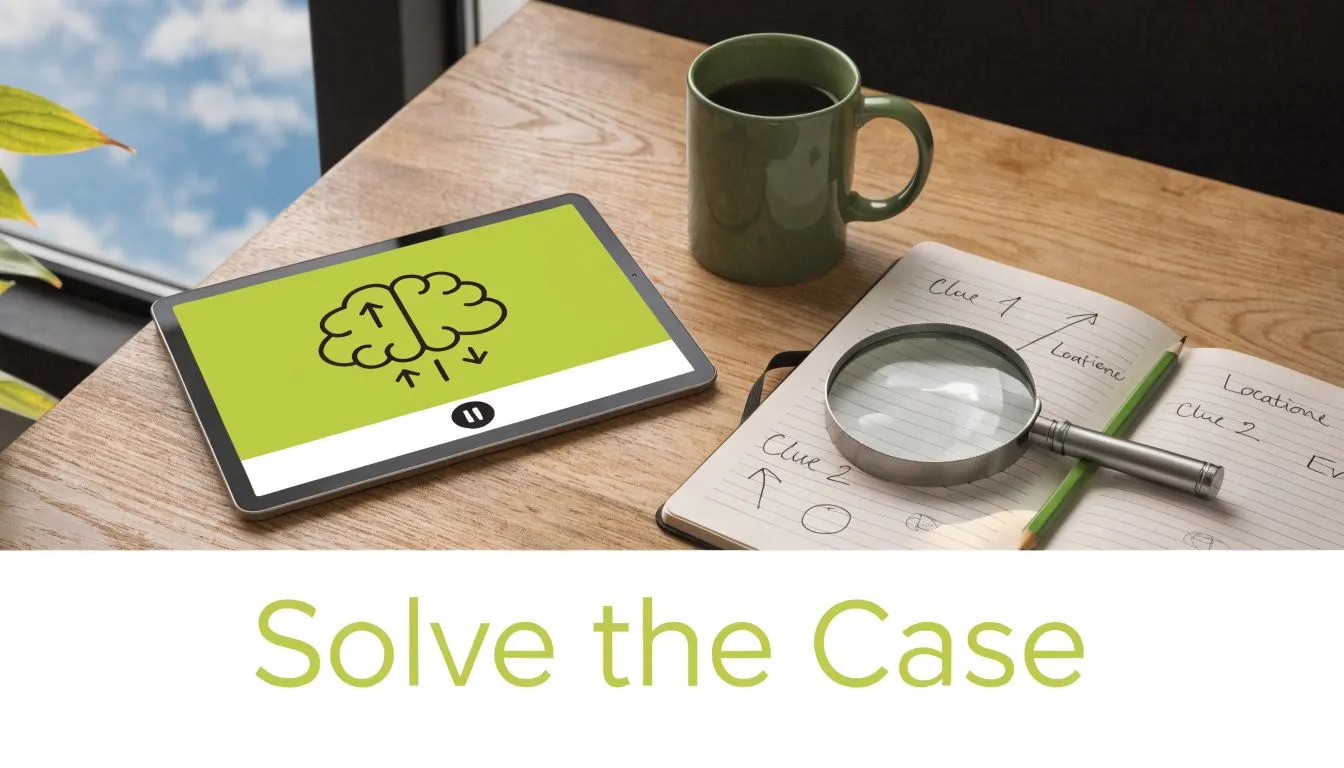 A tablet, magnifying glass, and notebook arranged on a wooden table, representing classroom mystery investigation games.