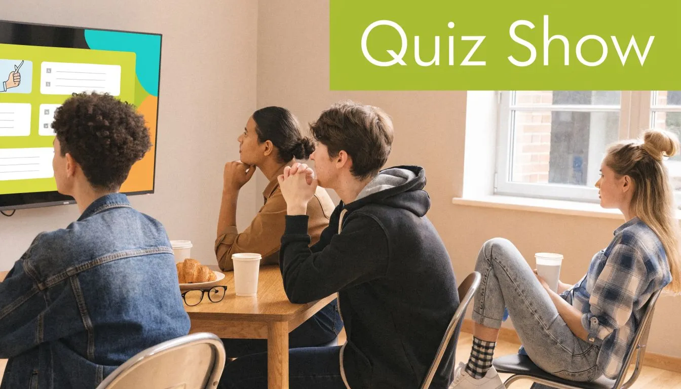 A group of young adults sitting at a table looking at a quiz show on a screen.