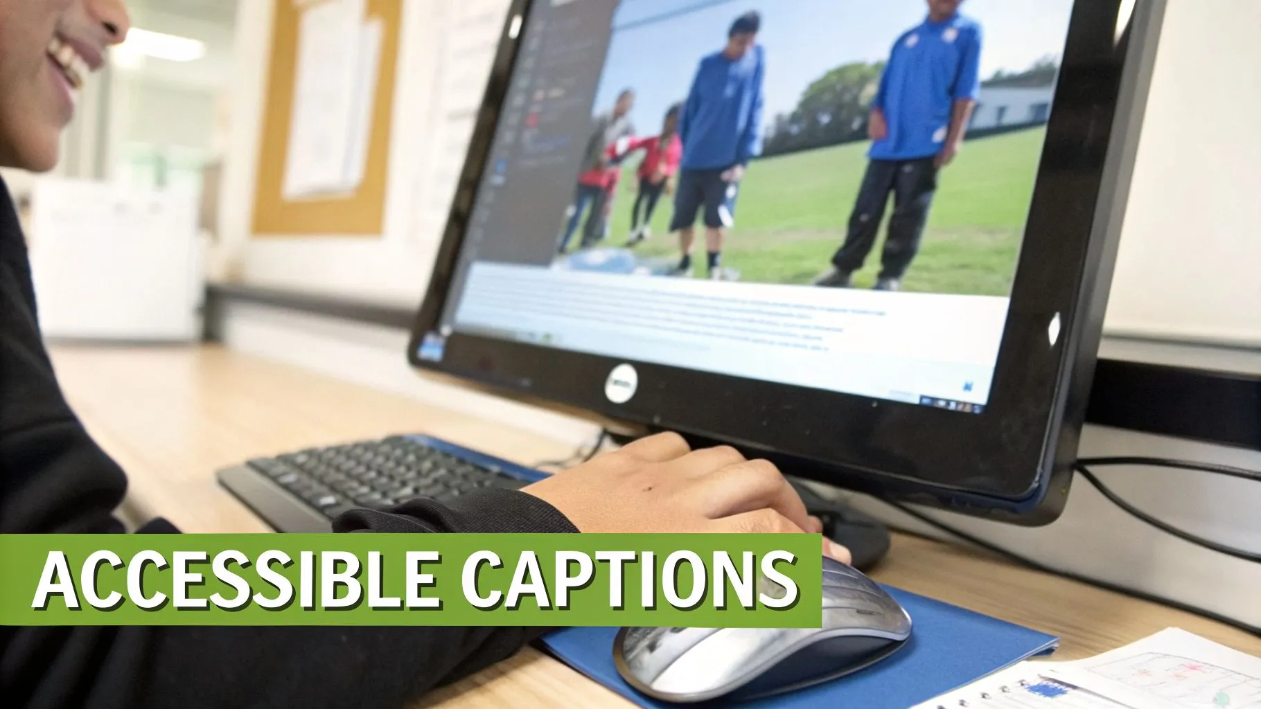 A smiling person uses a computer displaying an image of people outdoors, with 'ACCESSIBLE CAPTIONS' overlaid.