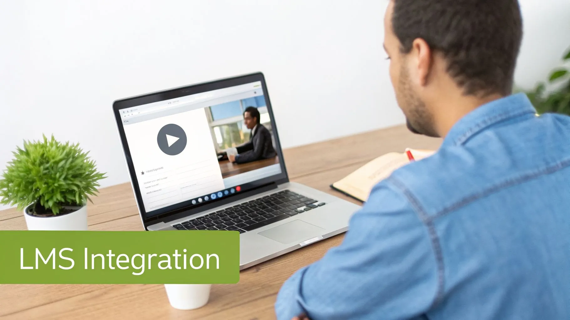 A man views an online learning video on a laptop screen about LMS integration.