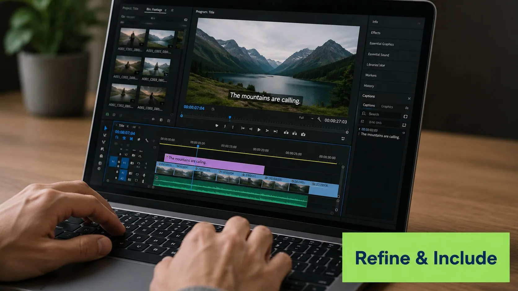 A video editor working on nature footage and subtitles on a laptop in a workspace.
