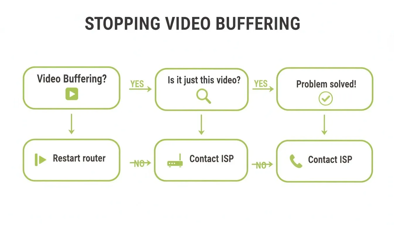 A flowchart guiding users on how to stop video buffering by checking specific videos, restarting the router, and contacting ISP.