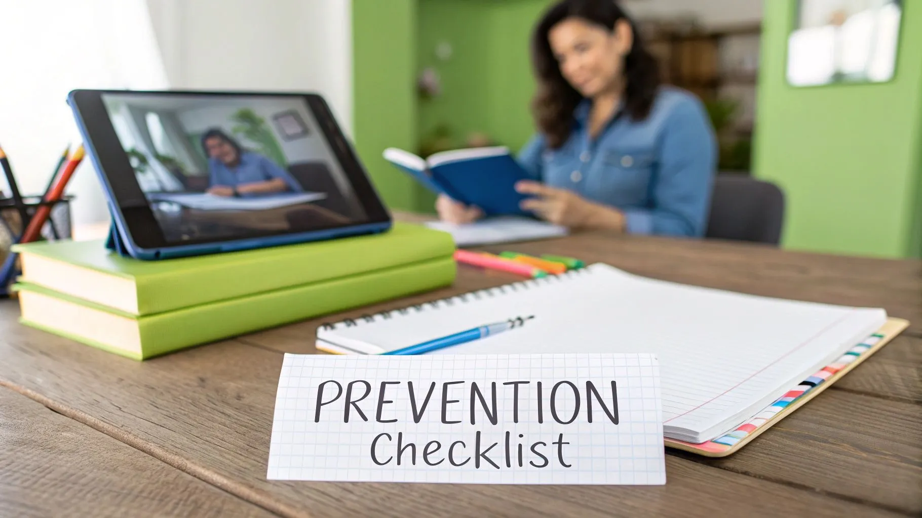 Home office desk with a tablet displaying a video call, books, and a 'PREVENTION Checklist'.