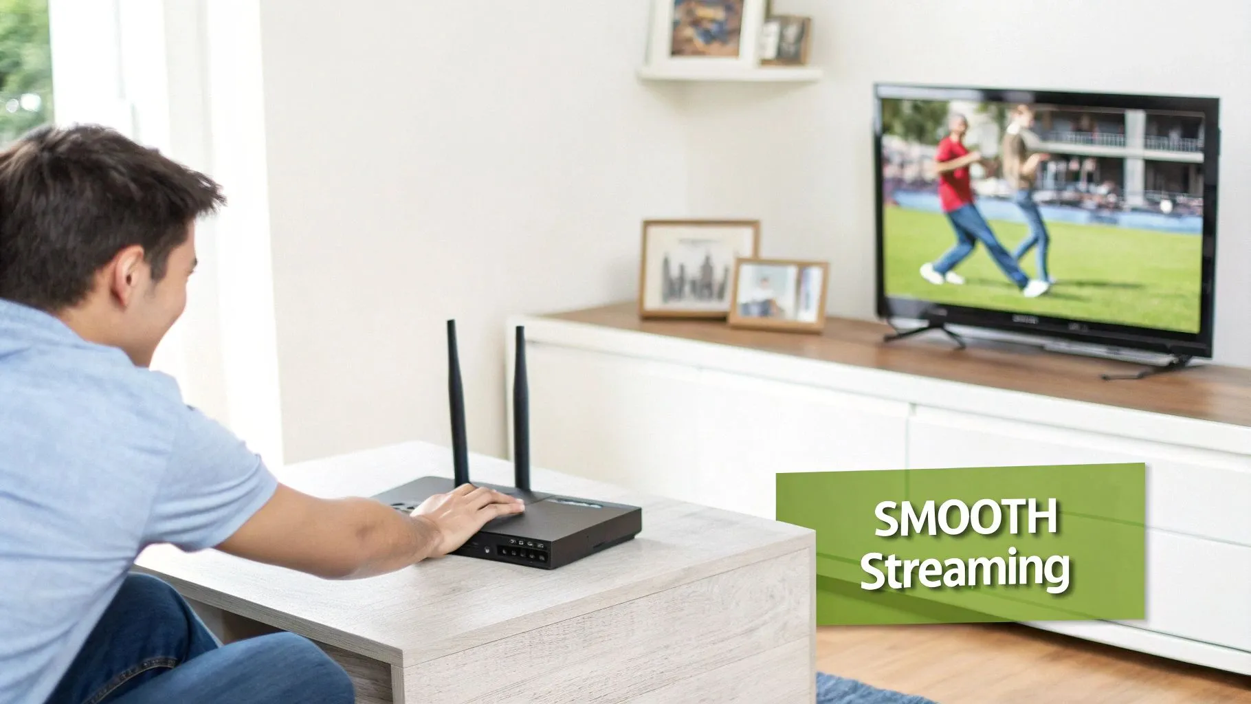 A man adjusts a black router on a coffee table while a TV shows smooth video streaming.