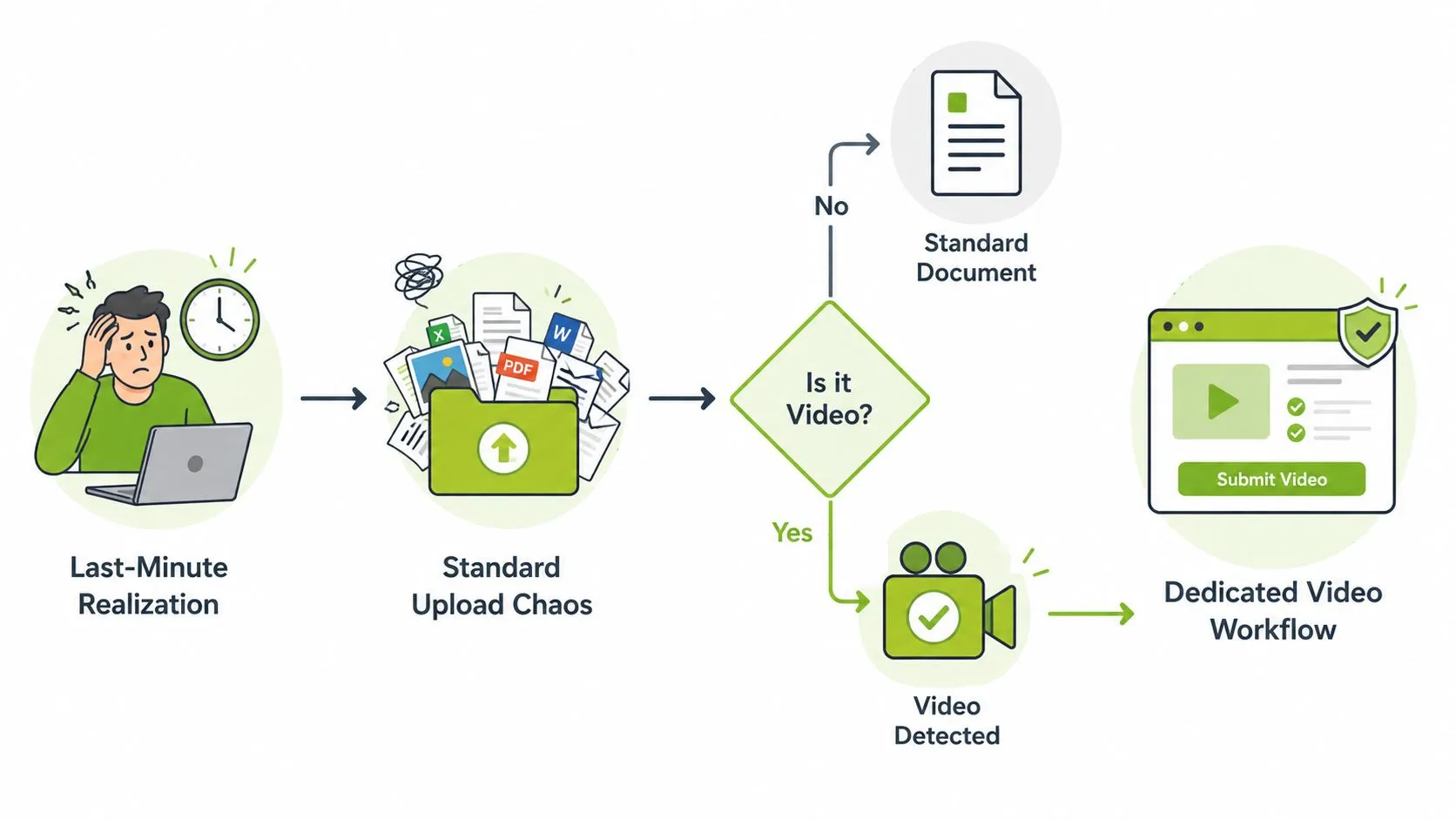 An infographic illustrating a workflow transition from chaotic document uploads to a structured dedicated video submission process.