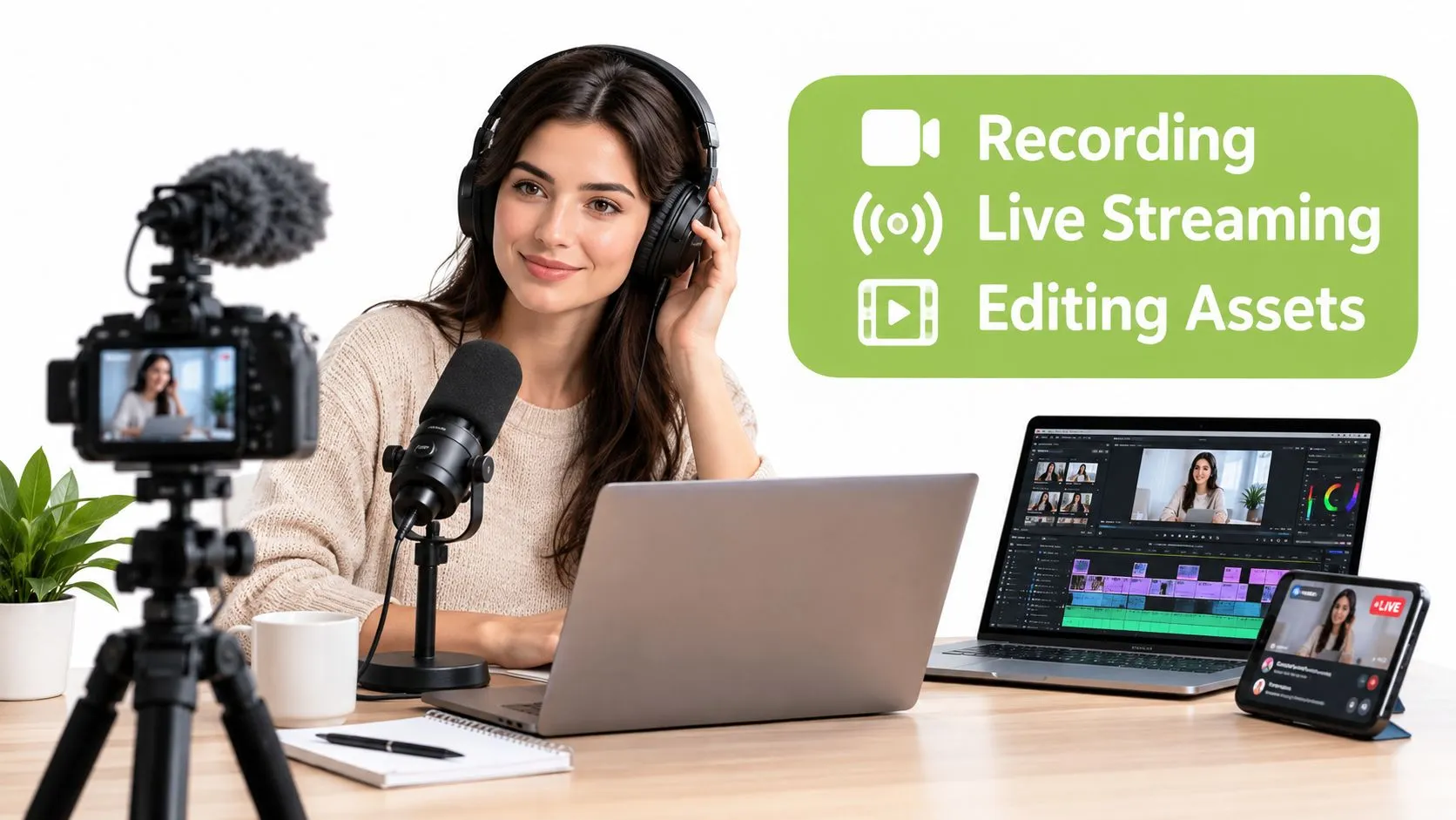 A smiling young woman recording a live stream video at her desk with professional audio and video equipment.