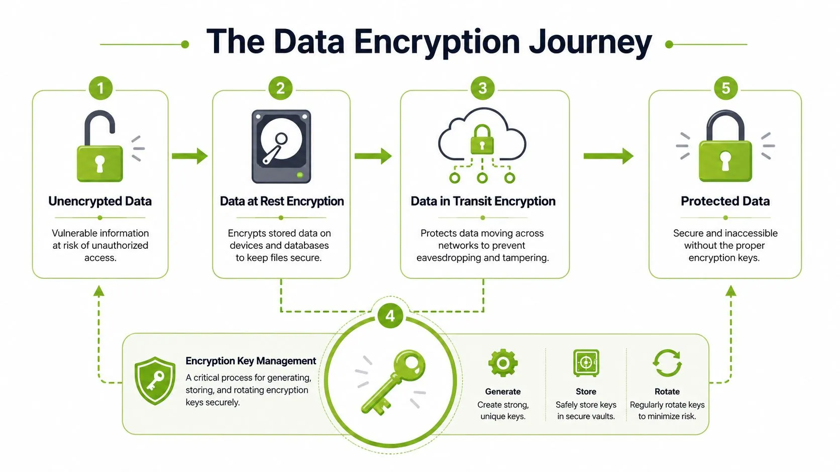 An infographic titled The Data Encryption Journey illustrating the five steps of protecting sensitive digital information.