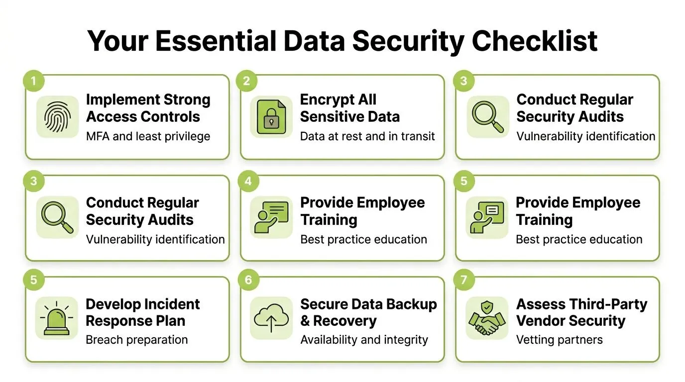 An infographic titled Your Essential Data Security Checklist detailing seven key steps for protecting business information.