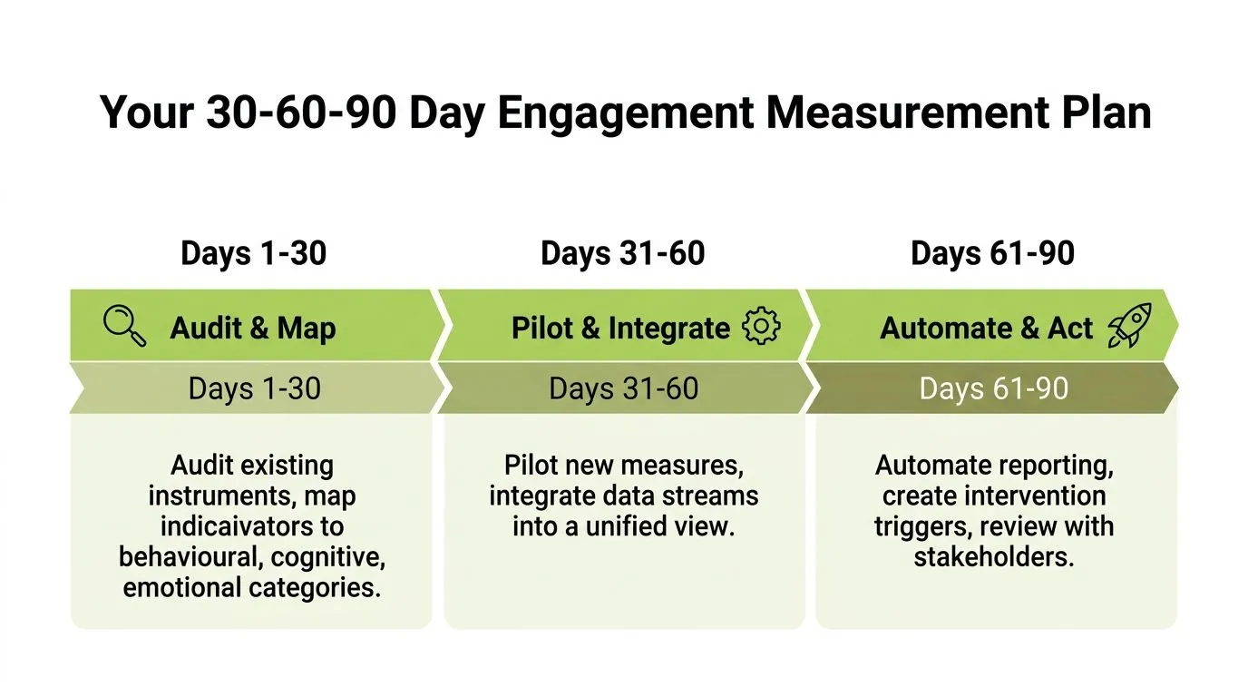 A 30-60-90 day roadmap for engagement measurement planning covering audit, pilot, and automation stages.
