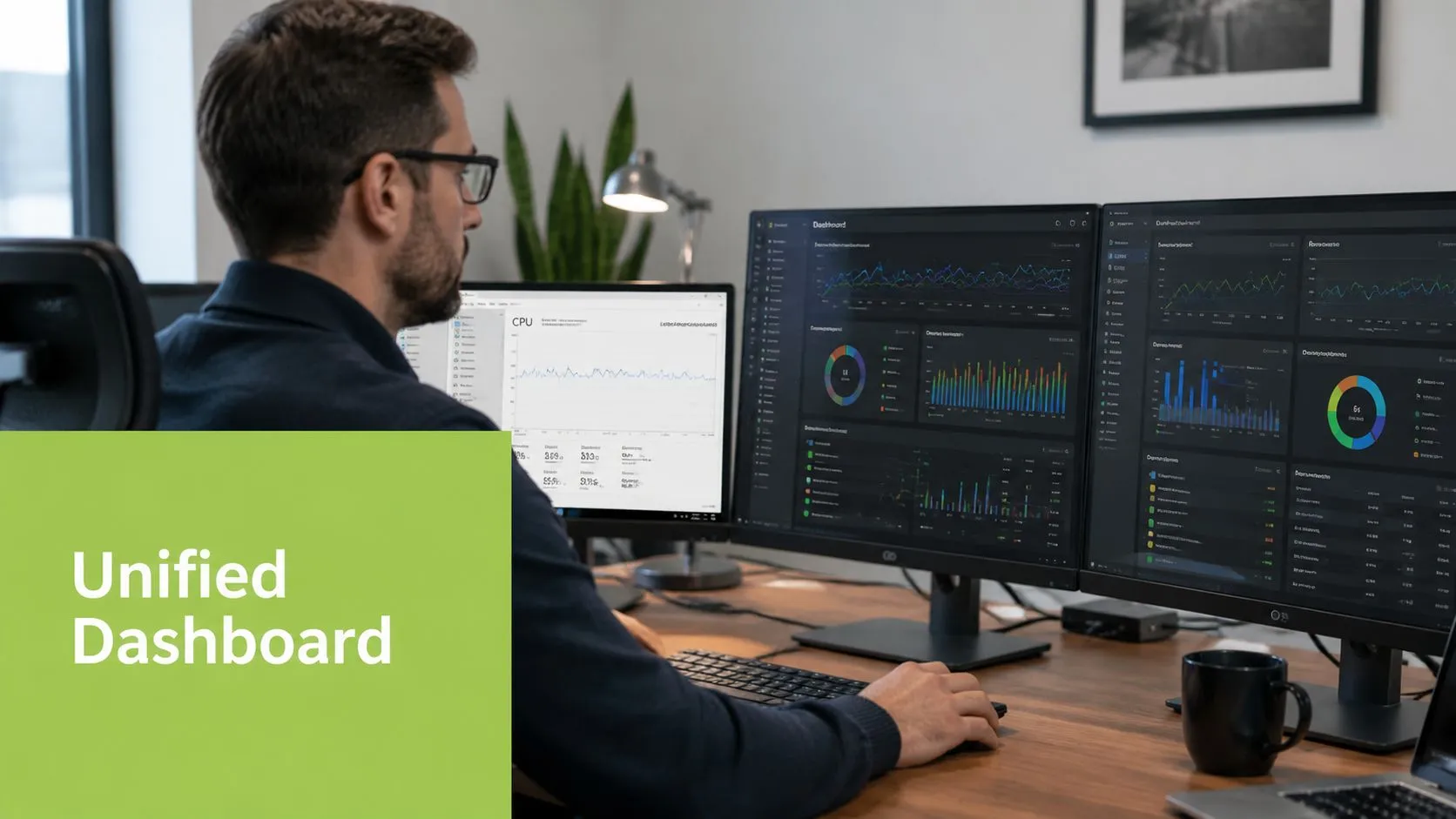 A professional working at a desk with multiple monitors displaying data and system performance analytics charts.
