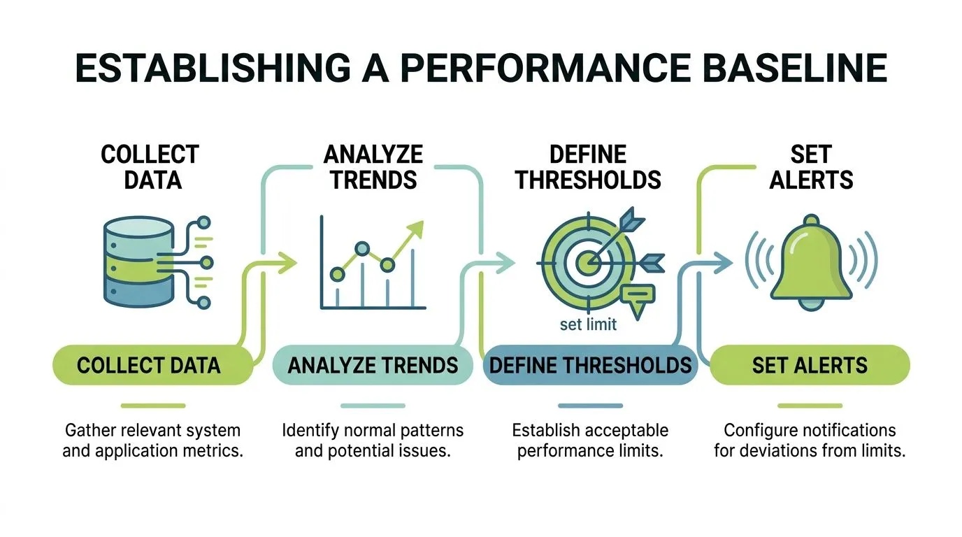 A four-step infographic illustrating the process of establishing a performance baseline for IT monitoring systems.