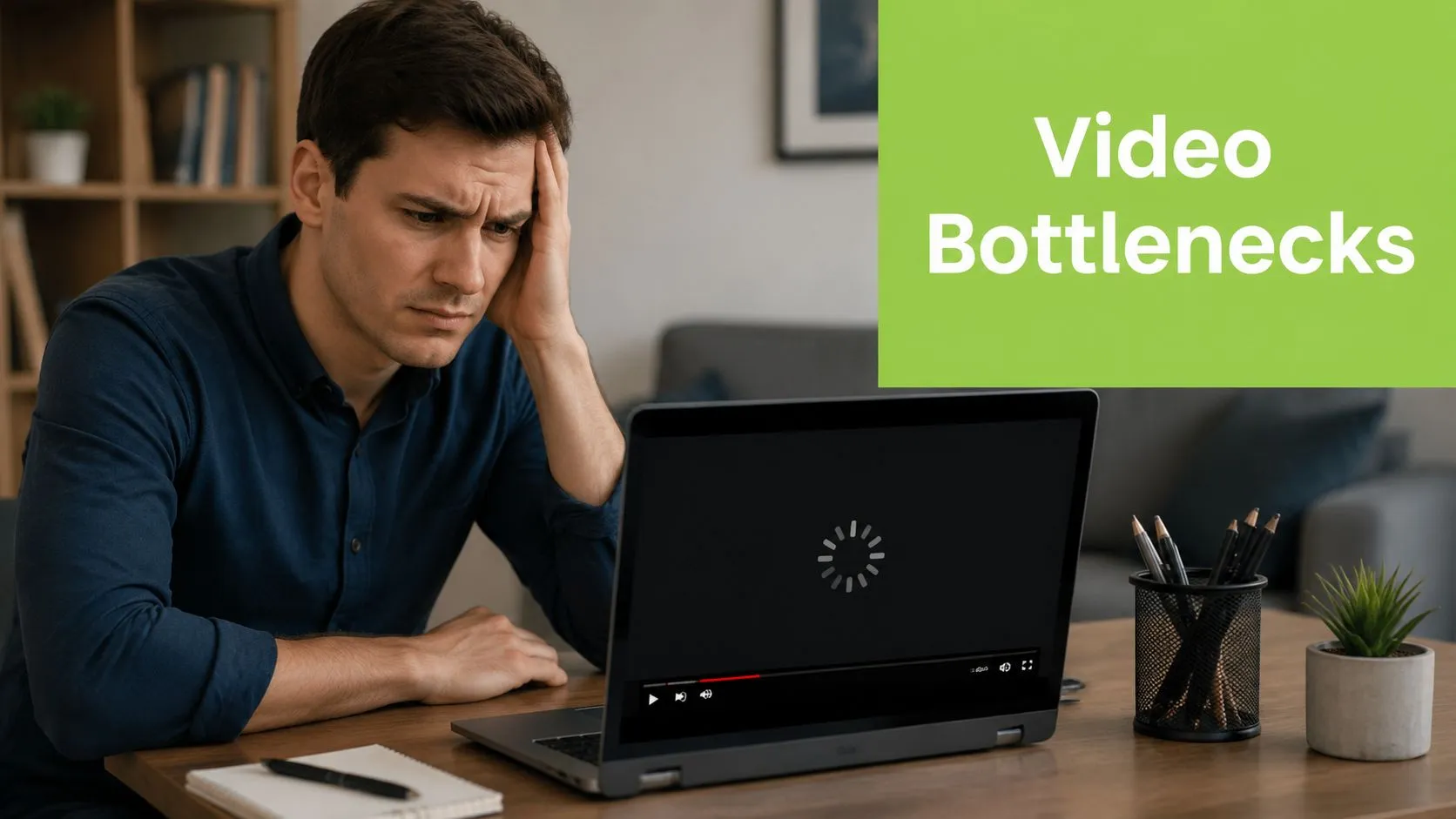 A frustrated man looking at a loading spinner on his laptop screen, representing video streaming issues.