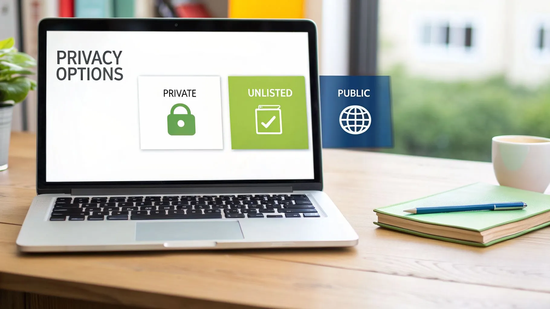Laptop screen shows privacy options: Private, Unlisted (selected), and Public choices for content sharing.
