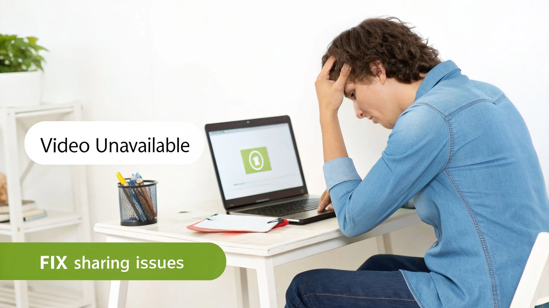 A frustrated person sits at a desk with a laptop displaying a 'Video Unavailable' message, highlighting sharing issues.