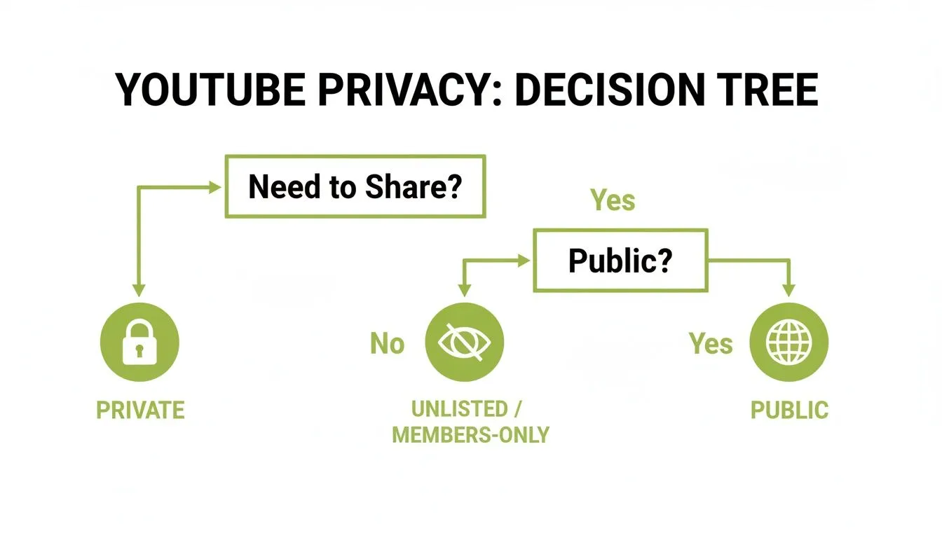 YouTube privacy decision tree flowchart guiding users to choose video visibility: Private, Unlisted, or Public.