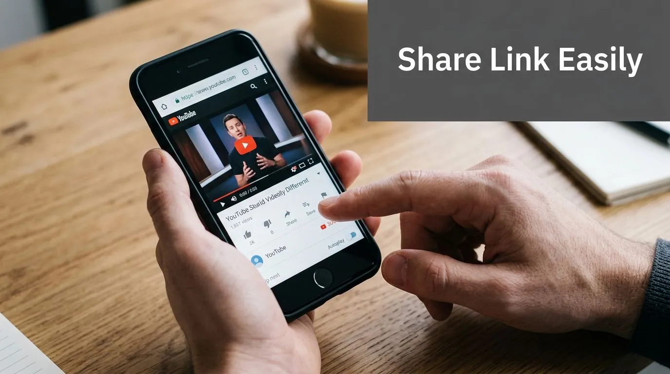 A person holding a smartphone and tapping the share button on a YouTube video screen.