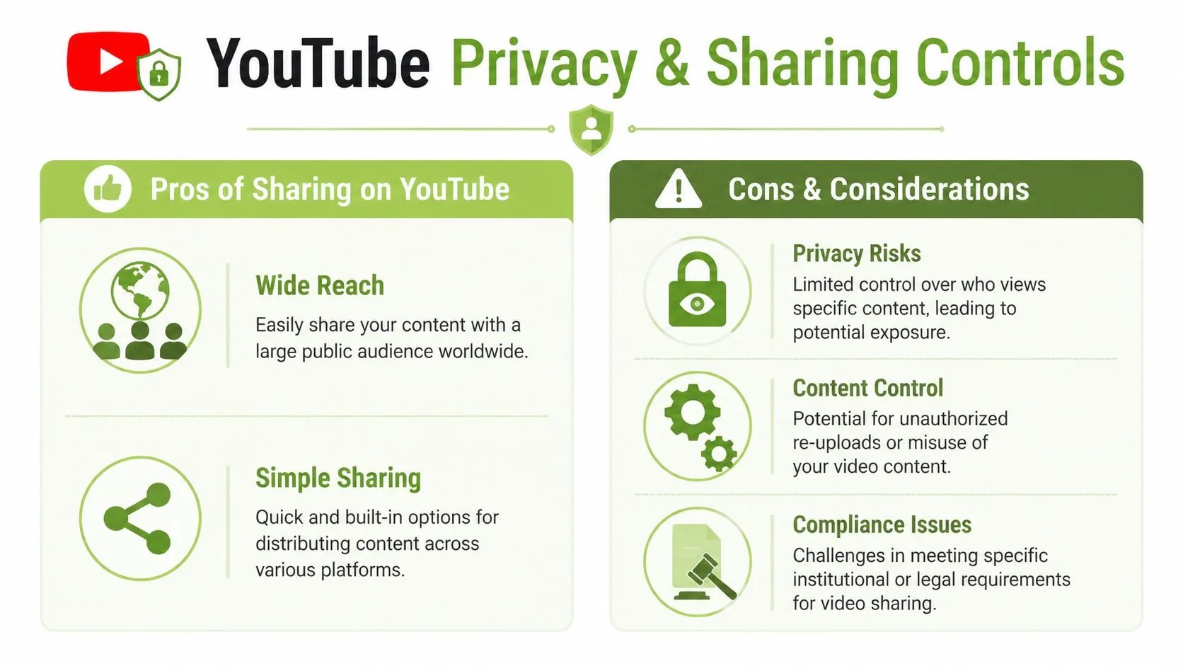 An infographic titled YouTube Privacy and Sharing Controls detailing pros and cons of sharing videos online.