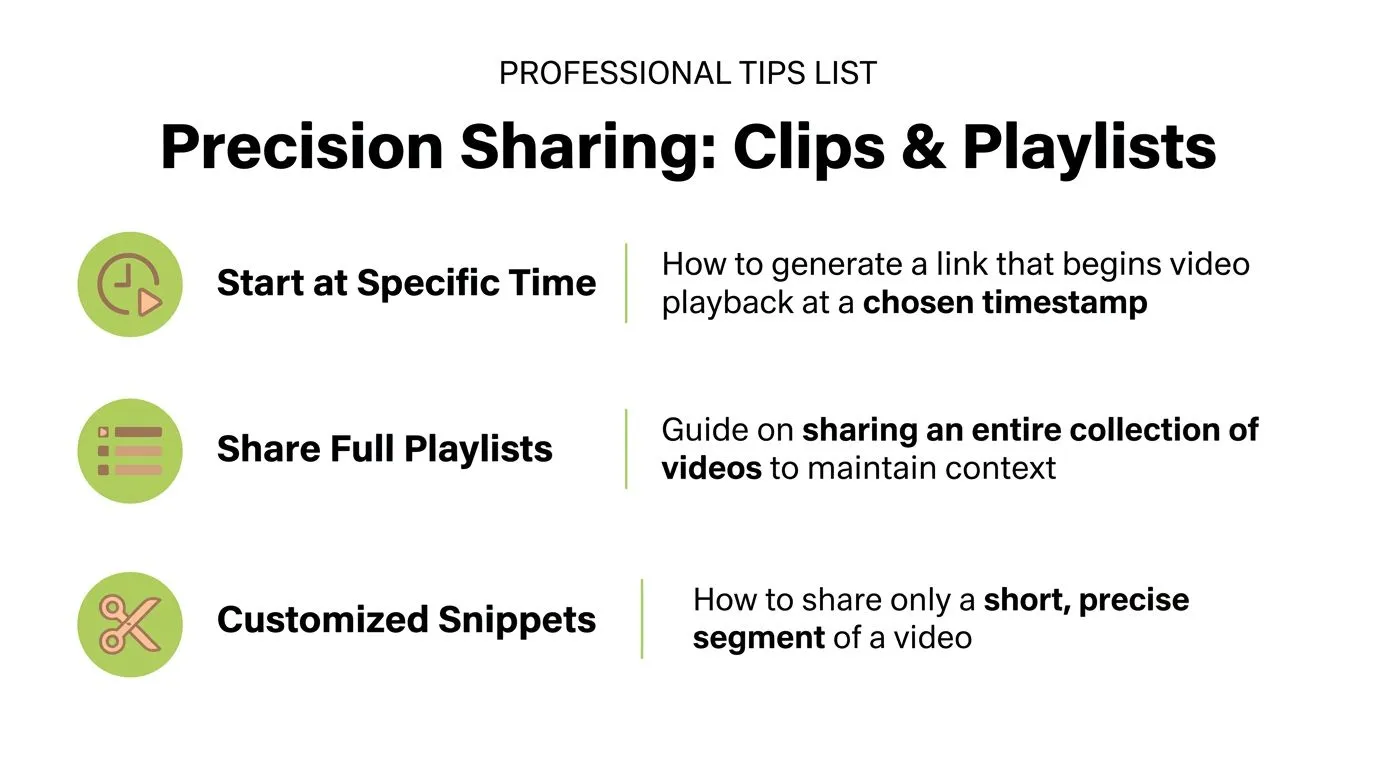 An infographic titled Precision Sharing: Clips & Playlists, highlighting methods for sharing specific video timestamps, entire playlists, and snippets.
