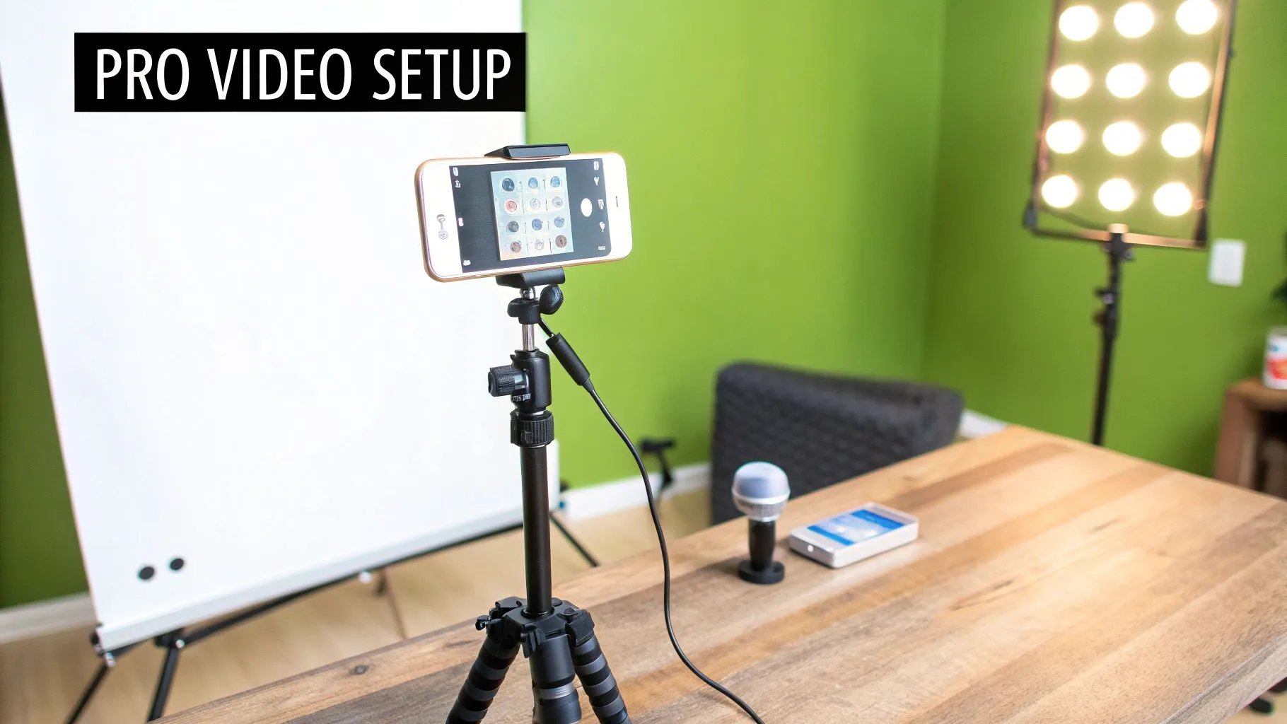 A professional video setup showing an iPhone mounted on a tripod with a microphone, and an LED light.