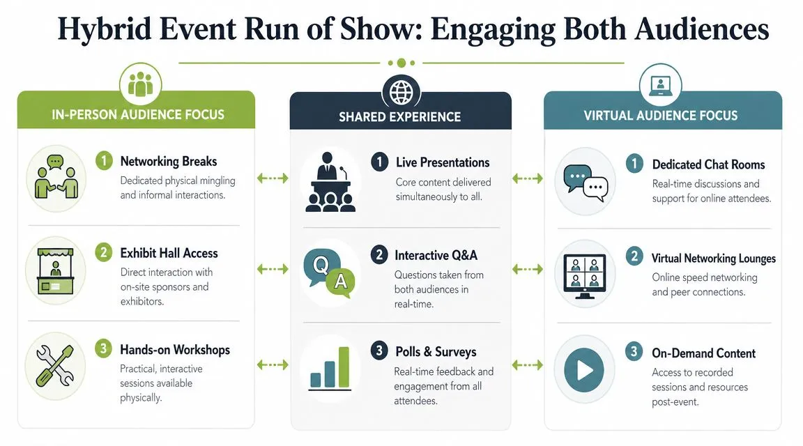 A diagram outlining engagement strategies for hybrid events, comparing in-person, shared, and virtual audience activities.