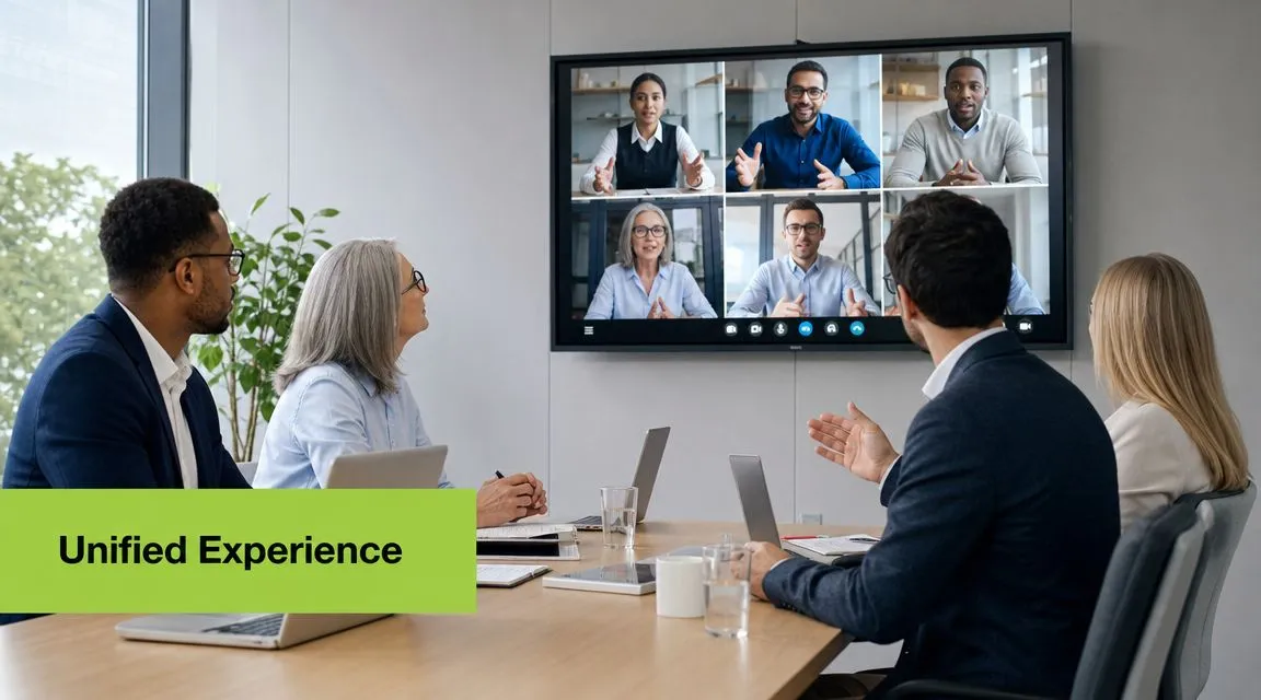 A professional team in a conference room having a hybrid meeting with remote colleagues on a display.