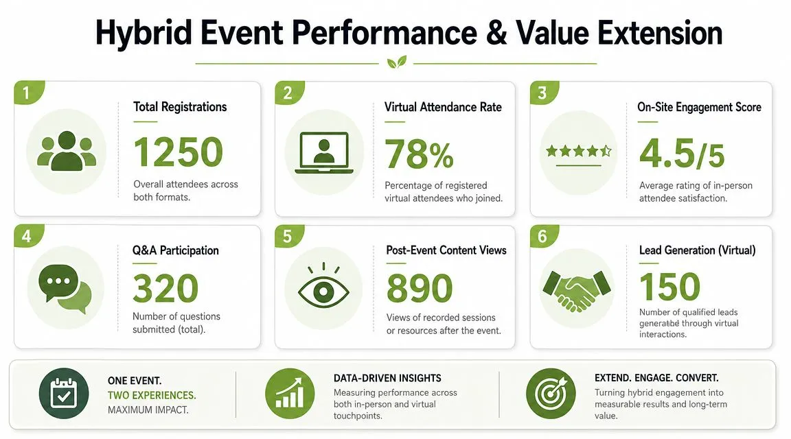 An infographic titled Hybrid Event Performance &amp; Value Extension illustrating six key performance indicators with associated data points.