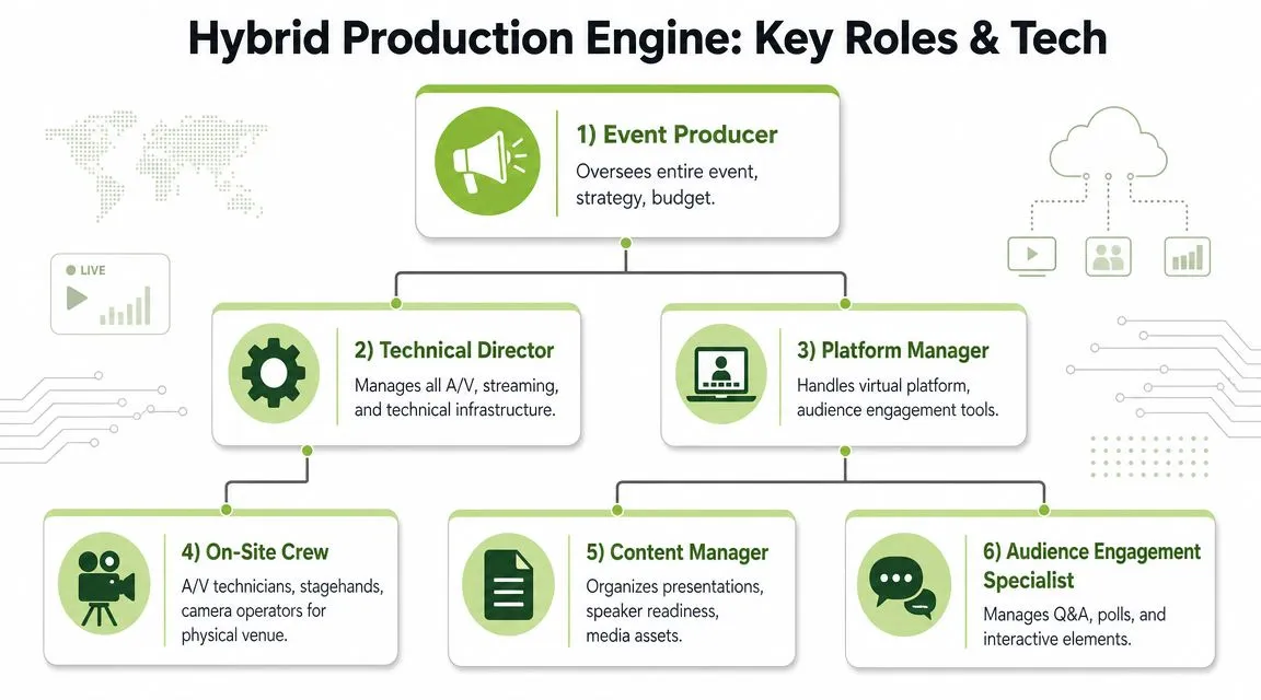 A hierarchical flowchart detailing the essential roles and responsibilities within a hybrid event production team structure.