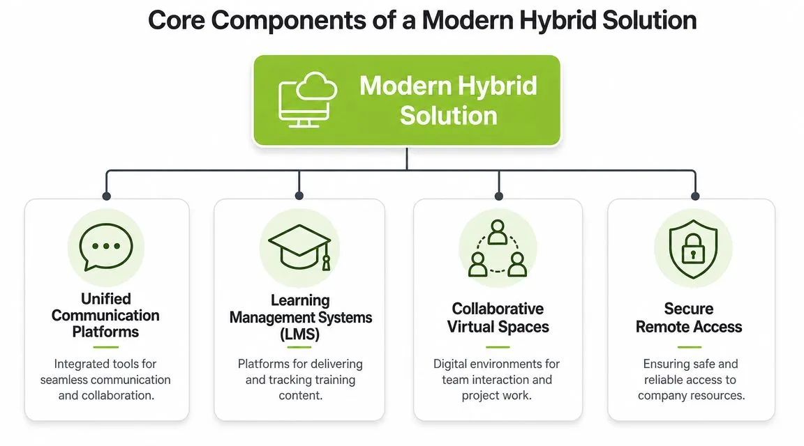 A diagram illustrating the four core components of a modern hybrid workplace solution for business connectivity.