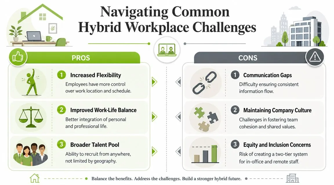 An infographic comparing the pros and cons of adopting a hybrid workplace model for modern businesses.