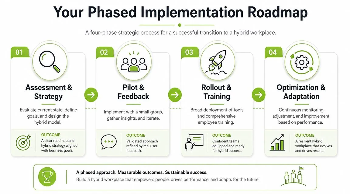A four-phase strategic roadmap infographic for implementing a successful and sustainable hybrid workplace solution.