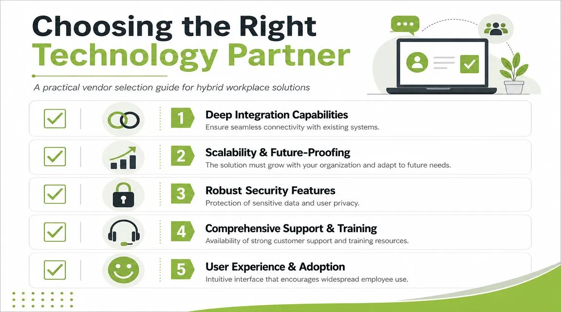 A guide listing five key criteria for choosing a technology partner for hybrid workplace solutions.
