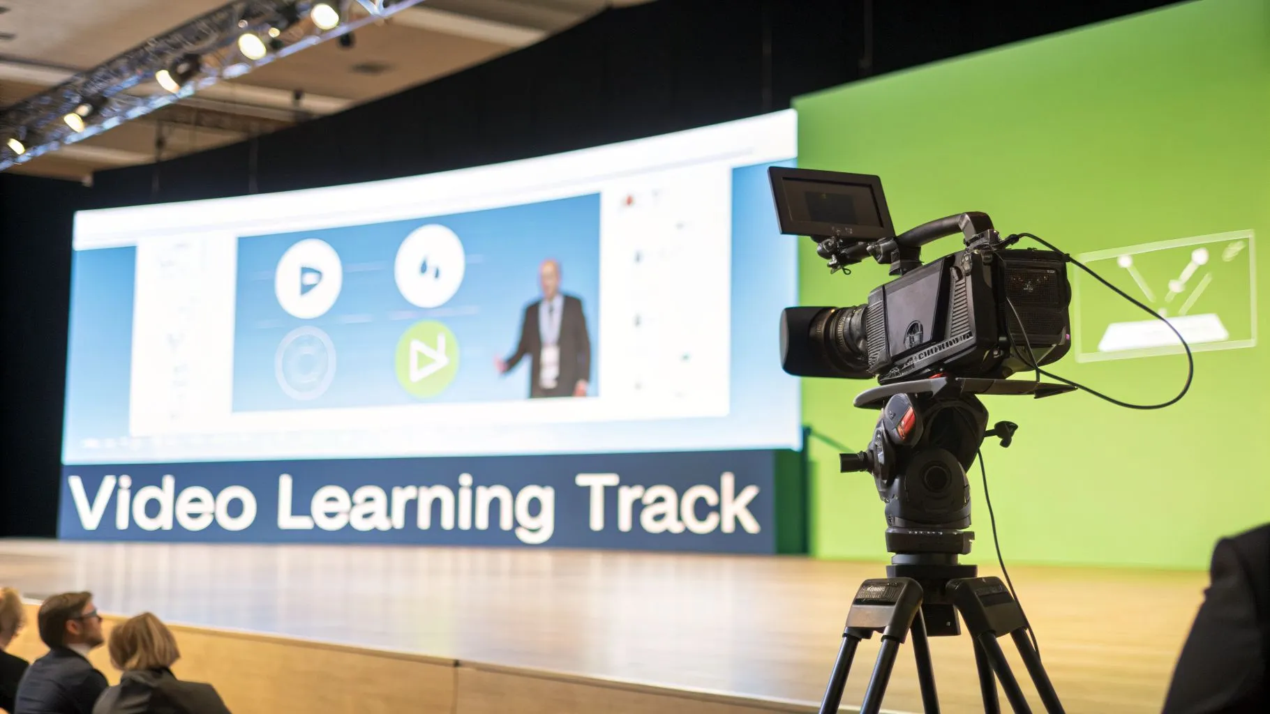 Video camera records a speaker and 'Video Learning Track' presentation at a modern corporate event.