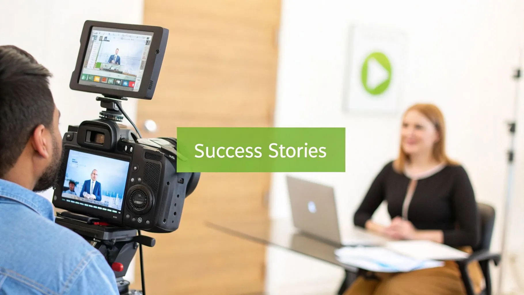 A cameraman records a woman at a desk for a success story video, with screens showing a speaker.