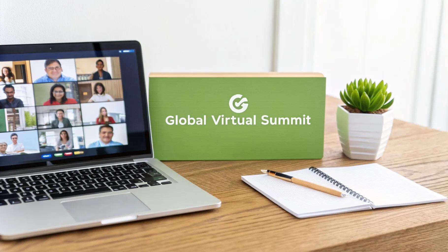 A laptop displaying a virtual summit with multiple participants, alongside a 'Global Virtual Summit' sign, plant, and notebook on a wooden desk.