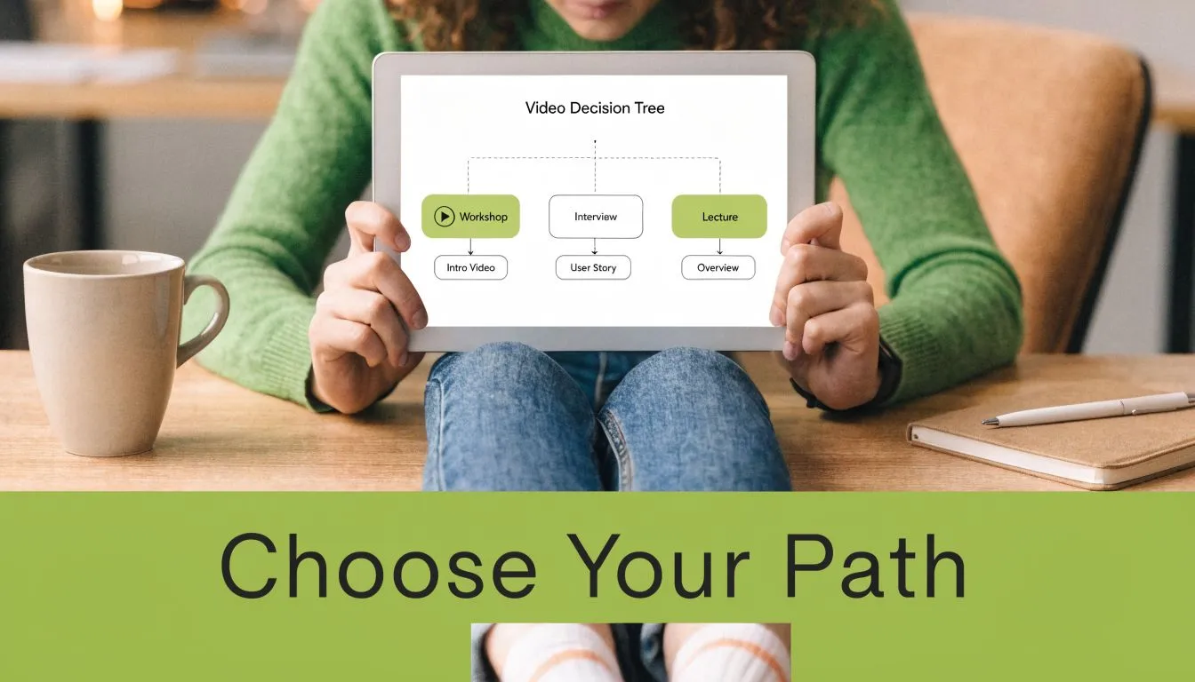 A person holding a tablet displaying a video decision tree flow chart labeled choose your path.