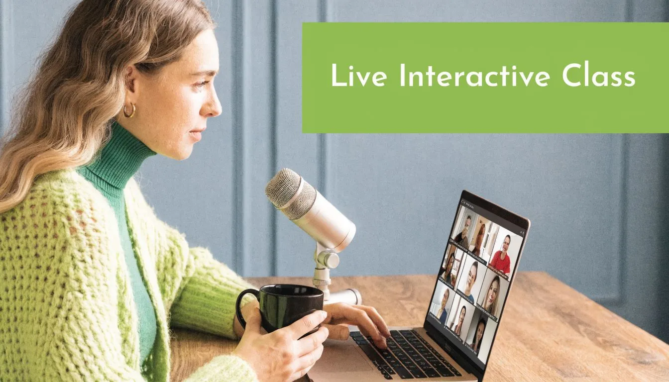 A woman participates in a live interactive online workshop via video conference while holding a coffee mug.